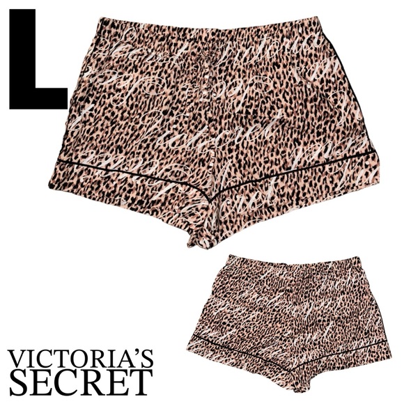 NWT Victoria’s Secret Leopard Print Script Logo Short Pajama Shorts LARGE - Picture 1 of 9